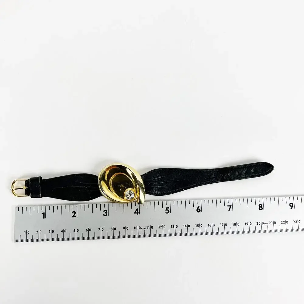 Vintage Renee Nicol quartz watch gold rhinestone diamond and black band working